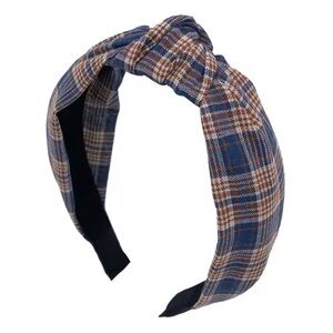 Blue plaid cotton fabric top knot headband fall winter holiday headband gift